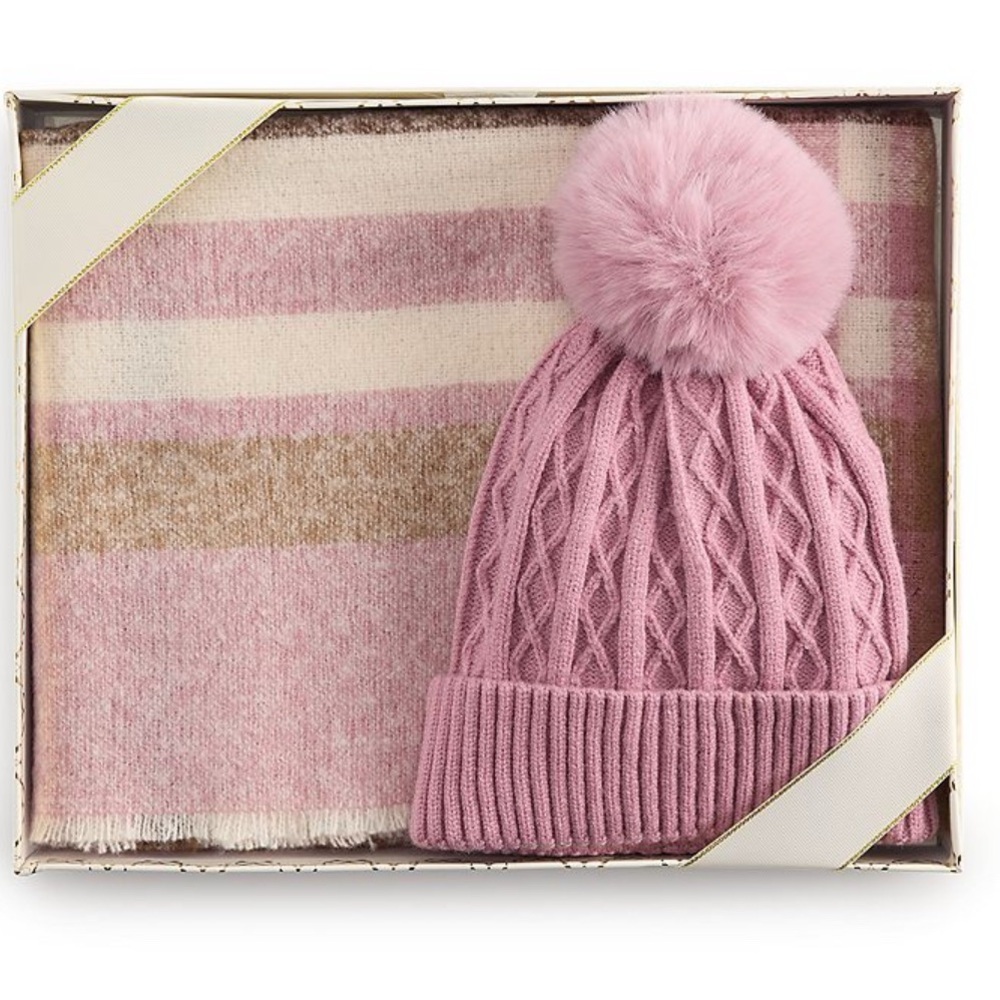 NWT Nine West Classic Plaid Scarf & Faux Fur Pom Beanie Gift Box Set Pink